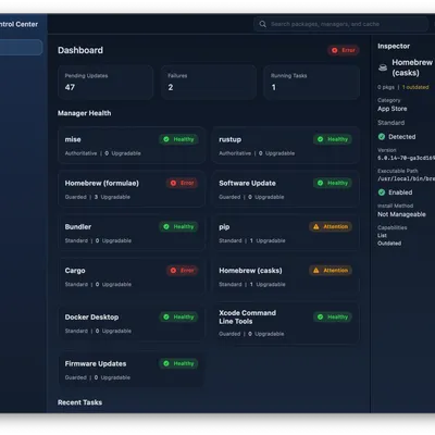 Helm Control Center showing manager and package status.