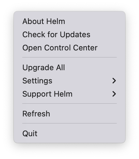 Helm status menu with tasks and quick actions.